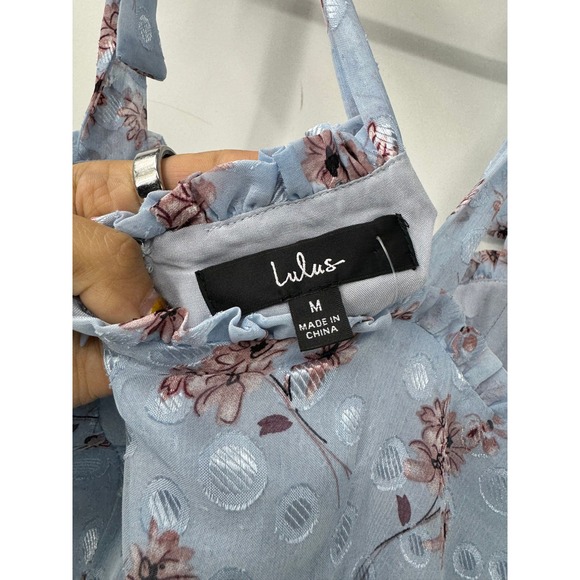 Lulus Terrace Views Light Blue Floral Print Tiered Tie Strap Midi Dress Medium - Picture 6 of 6